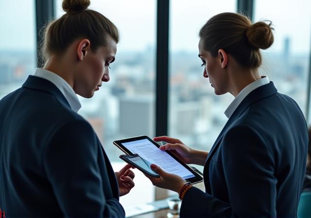 Business professionals reviewing a legal document on a tablet in a high-end boardroom.